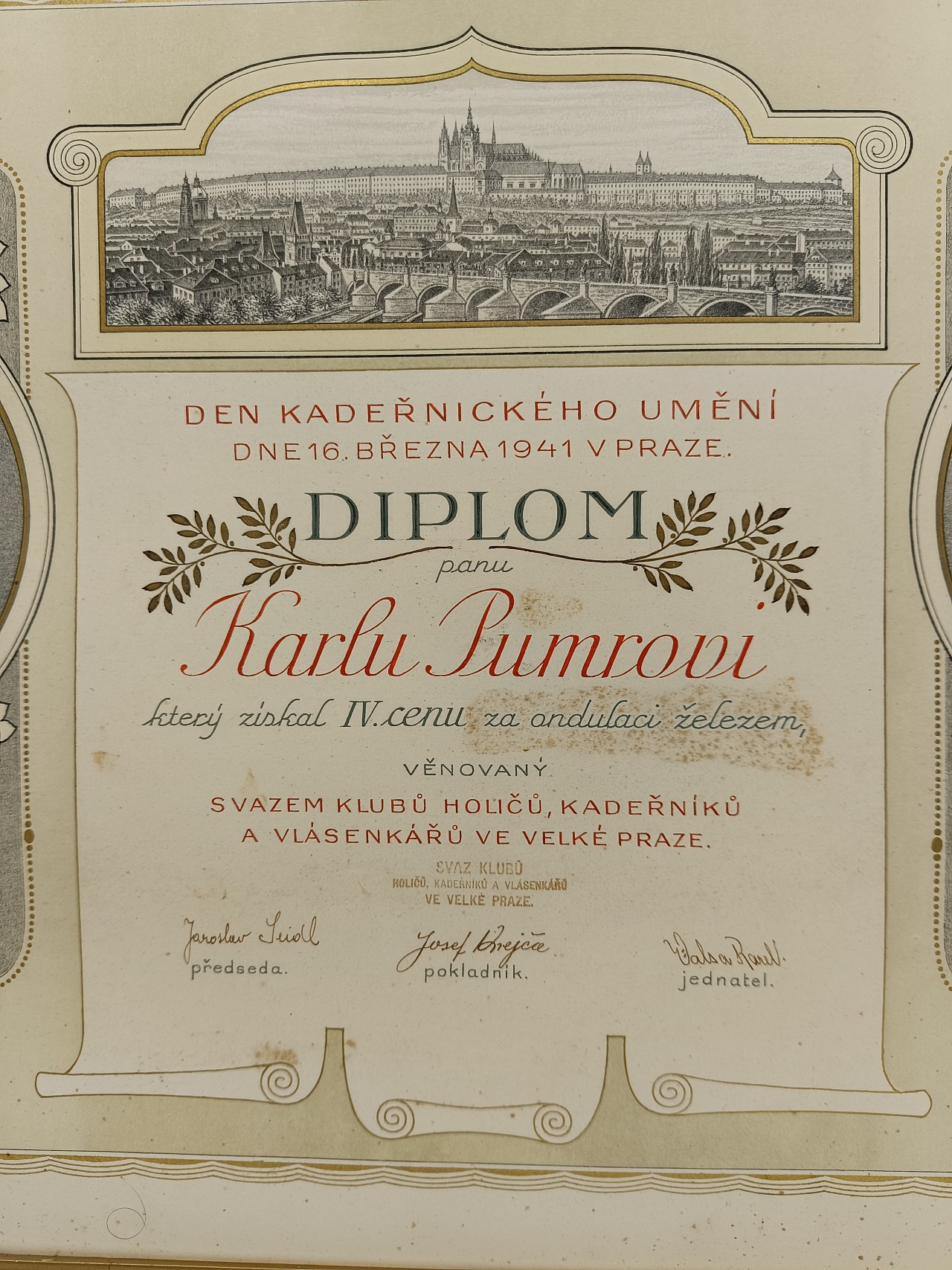 Den kadeřnického umění 1941 - Diplom pro Karla Pumra za ondulaci železem